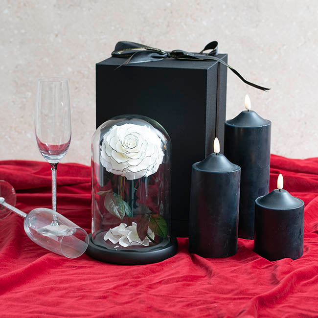 Amore Forever Rose Single Stem Cloche White on red table cloth product picture