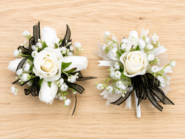 
                  
                    Silk Rose & Ribbon Pearl Corsage Bracelet &  Boutonniere Set
                  
                