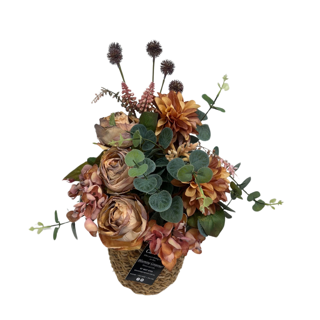 Earthly Tone Silk Flowers in a Cane Basket Blooming Gorgeous