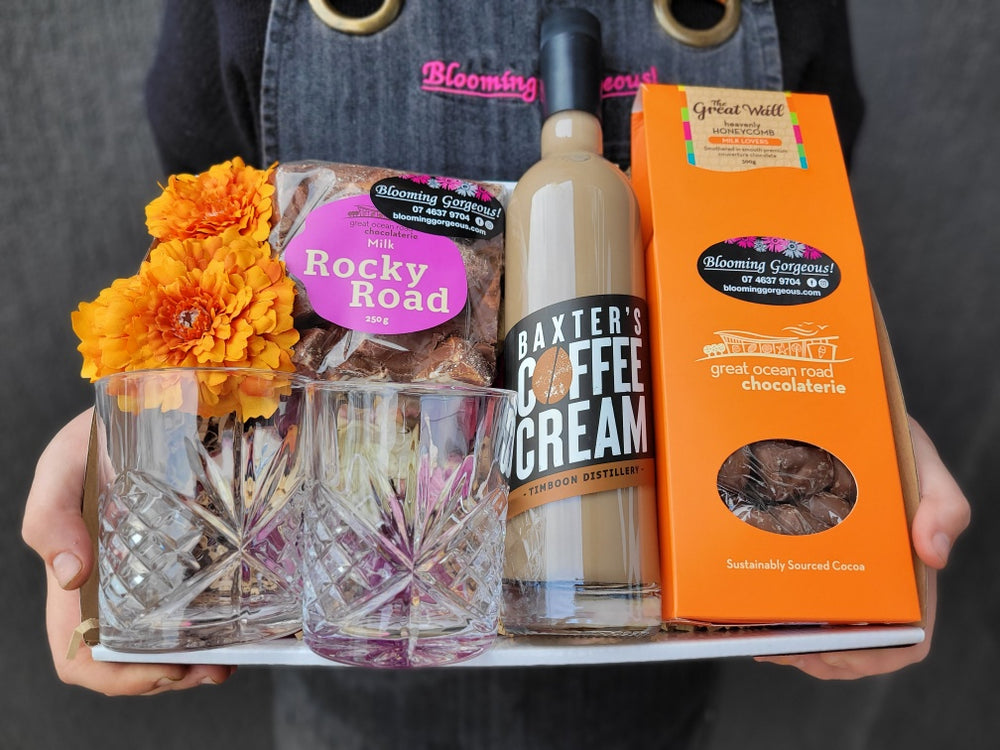 Timboon Distillery Artisan Hamper, Baxter's Coffee Cream, Great Ocean Road Chocolaterie, Rocky Road