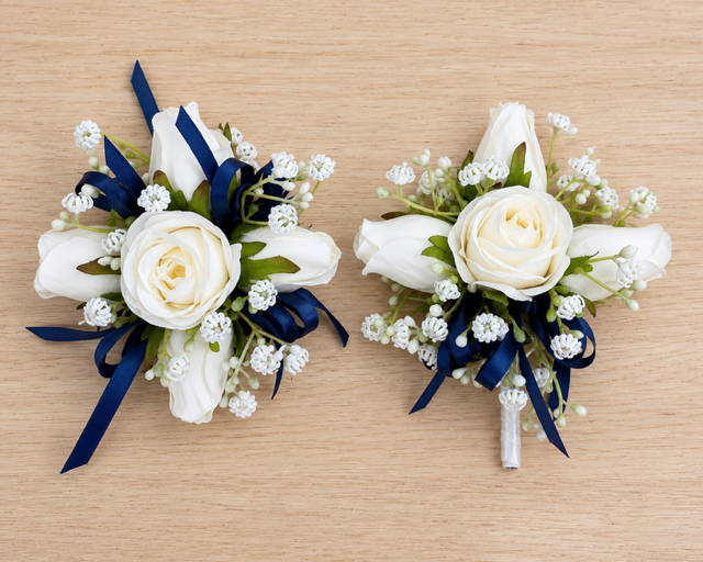 Silk Rose & Ribbon Pearl Corsage Bracelet &  Boutonniere Set