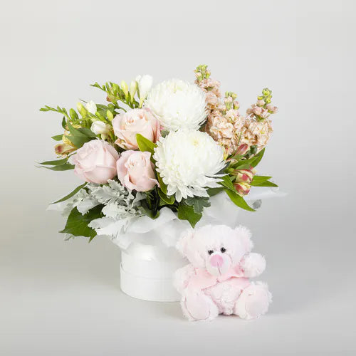 Newborn Baby Girl Floral Arrangement with Teddy Bear Blooming Gorgeous