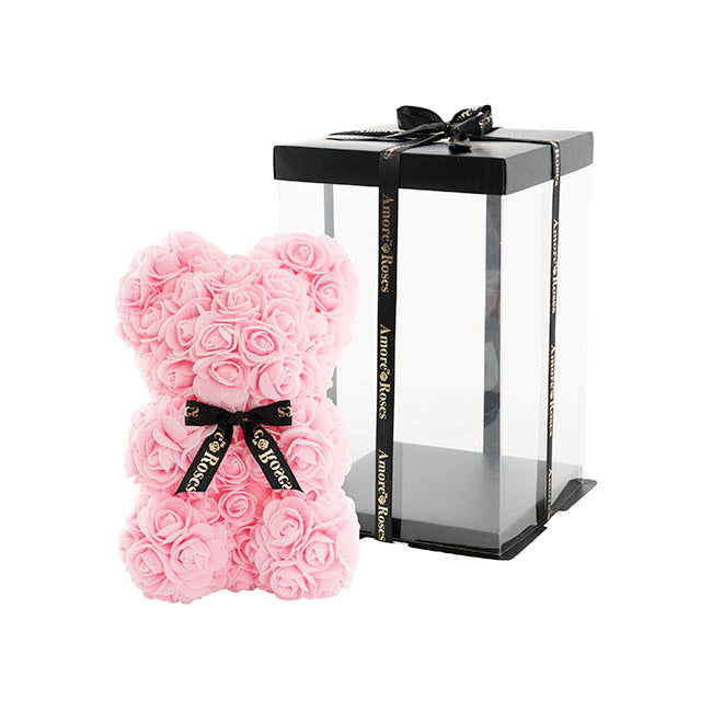 Rose Bear with Black Bow Soft Pink Blooming Gorgeous Valentine's Day