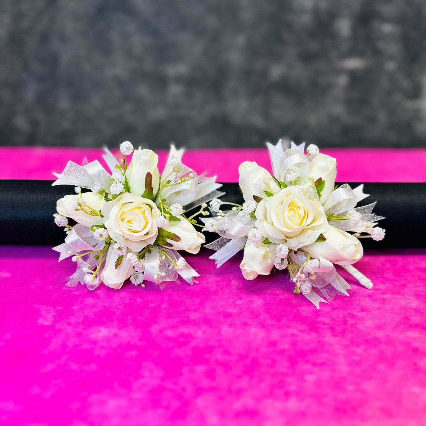 Silk Rose & Ribbon Pearl Corsage Bracelet &  Boutonniere Set Blooming Gorgeous Formal