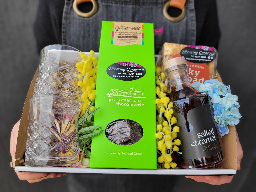 
                  
                    Timboon Distillery Artisan Hamper, Salted Caramel Whiskey Liqueur, Great Ocean Road Chocolaterie, Rocky Road
                  
                