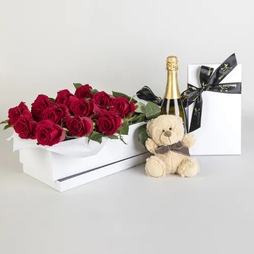 Grand Seduction Red Roses, Wine, Teddy Bear, Chocolates Blooming Gorgeous Valentine's Day