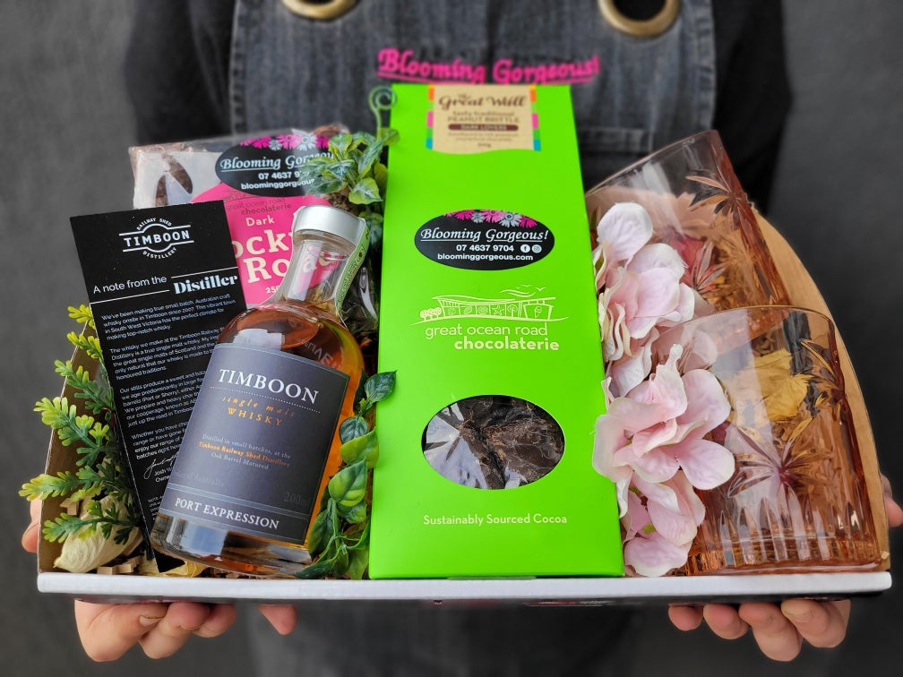 
                  
                    Timboon Distillery Artisan Hamper, Single Malt Whiskey Port Expressions, Great Ocean Road Chocolaterie, Rocky Road
                  
                