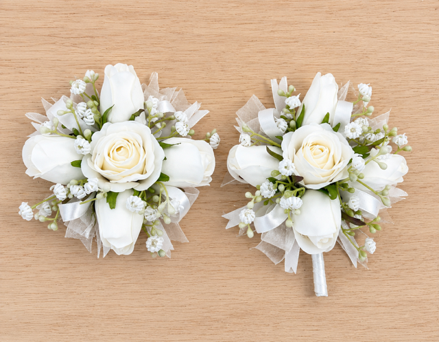 Silk Rose & Ribbon Pearl Corsage Bracelet &  Boutonniere Set