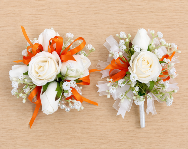 
                  
                    Silk Rose & Ribbon Pearl Corsage Bracelet &  Boutonniere Set
                  
                